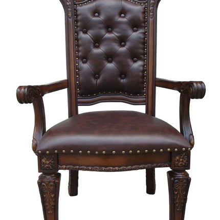 Set of Two Tufted Brown and Redwood Upholstered Faux Leather And Solid Wood Dining Arm Chairs