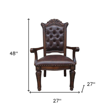 Set of Two Tufted Brown and Redwood Upholstered Faux Leather And Solid Wood Dining Arm Chairs