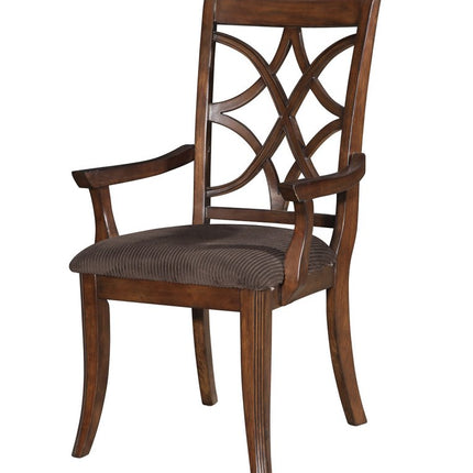 Set of Two Brown Upholstered Microfiber And Solid Wood Open Back Dining Arm Chairs