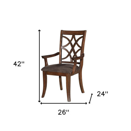 Set of Two Brown Upholstered Microfiber And Solid Wood Open Back Dining Arm Chairs