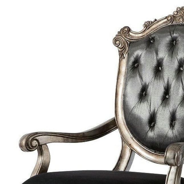 Set of Two Dark Gray and Platinum Tufted Fabric Open Back Dining Arm Chairs