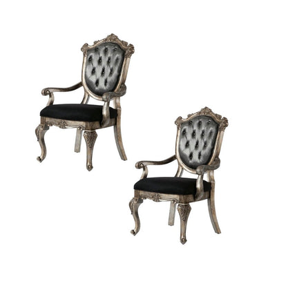 Set of Two Dark Gray and Platinum Tufted Fabric Open Back Dining Arm Chairs