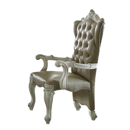 Set of Two Gray and Bone Tufted Faux Leather Wing Back Dining Arm Chairs