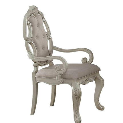 Set of Two Gray and Antiqued White Tufted Fabric Dining Arm Chairs