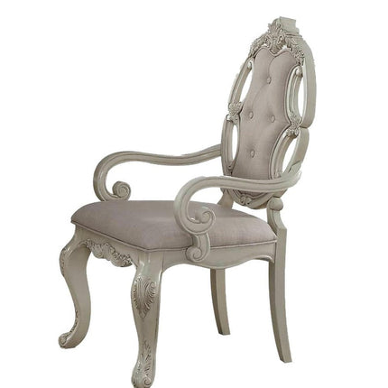Set of Two Gray and Antiqued White Tufted Fabric Dining Arm Chairs