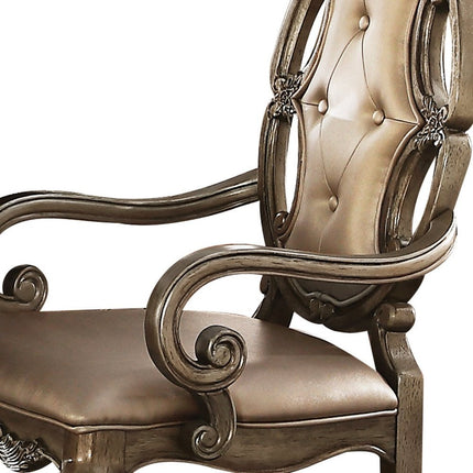 Set of Two Tufted Oak Upholstered Faux Leather And Solid Wood Dining Arm Chairs
