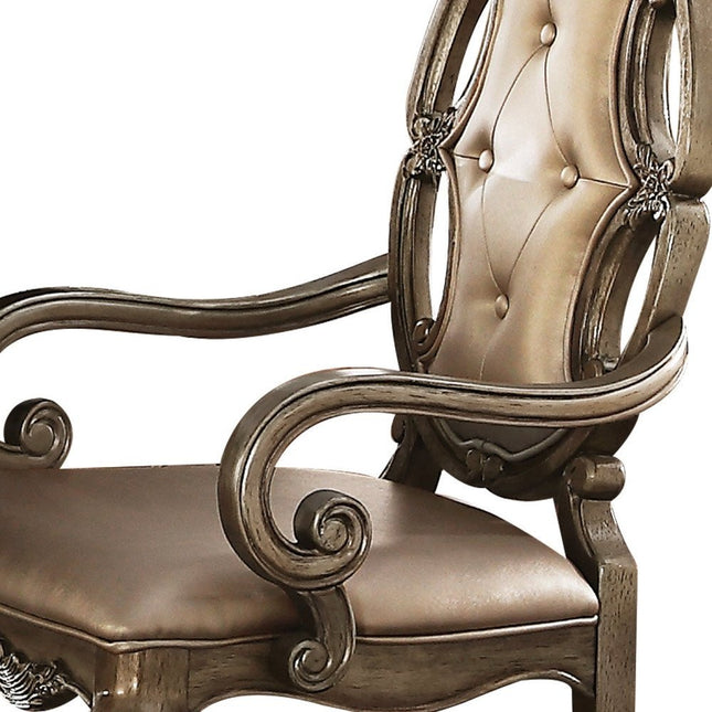 Set of Two Tufted Oak Upholstered Faux Leather And Solid Wood Dining Arm Chairs