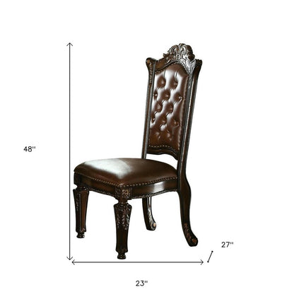 Set of Two Dark Brown and Mahogany Tufted Faux Leather Dining Side Chairs