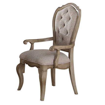 Set of Two Tufted Beige and Taupe Upholstered Fabric And Solid Wood Dining Arm Chairs