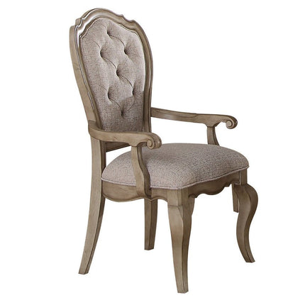 Set of Two Tufted Beige and Taupe Upholstered Fabric And Solid Wood Dining Arm Chairs