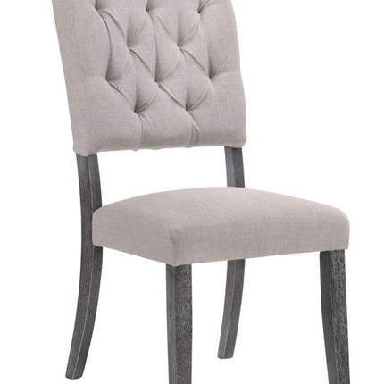Set of Two Tufted Gray Upholstered Linen And Solid Wood Open Back Dining Side Chairs