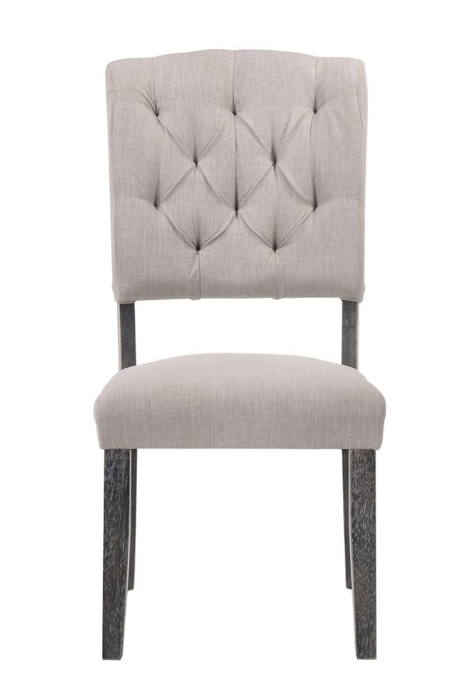 Set of Two Tufted Gray Upholstered Linen And Solid Wood Open Back Dining Side Chairs