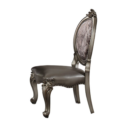 Set of Two Silver and Platinum Upholstered Faux Leather And Solid Wood King Louis Back Dining Side Chairs