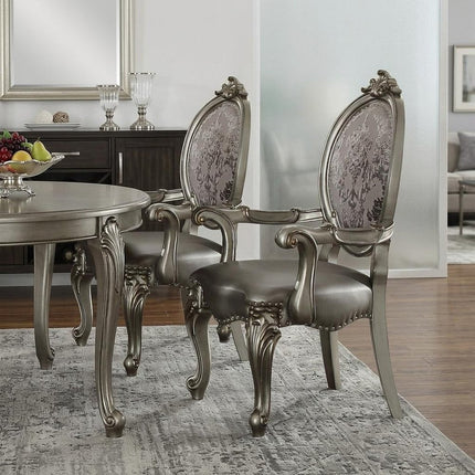 Set of Two Silver and Platinum Faux Leather King Louis Back Dining Arm Chairs