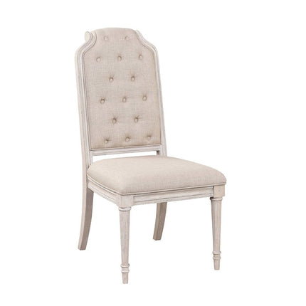 Set of Two Antiqued White and Champagne Tufted Fabric Dining Side Chairs