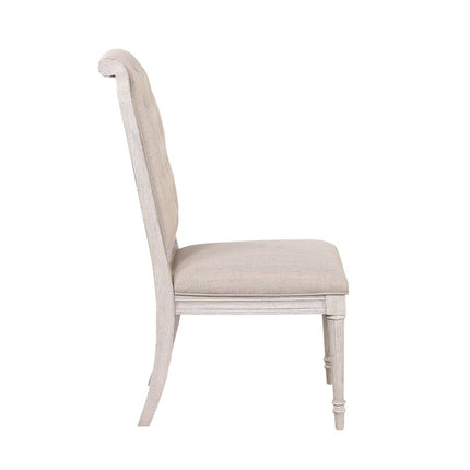 Set of Two Antiqued White and Champagne Tufted Fabric Dining Side Chairs