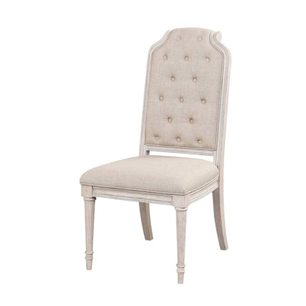 Set of Two Antiqued White and Champagne Tufted Fabric Dining Side Chairs