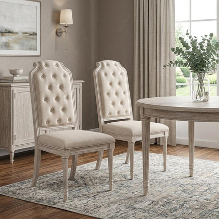 Set of Two Antiqued White and Champagne Tufted Fabric Dining Side Chairs
