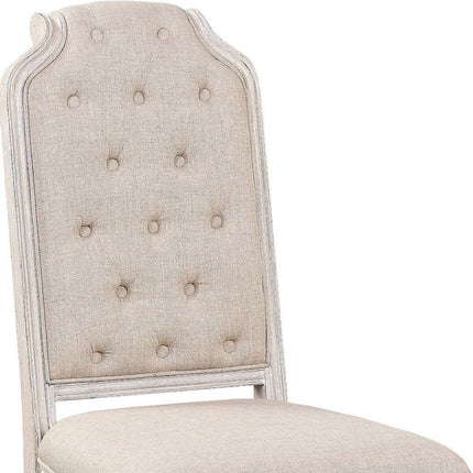 Set of Two Antiqued White and Champagne Tufted Fabric Dining Side Chairs
