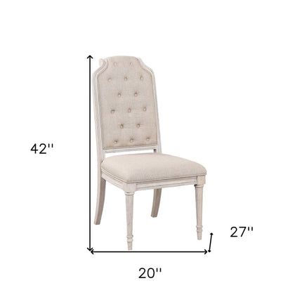 Set of Two Antiqued White and Champagne Tufted Fabric Dining Side Chairs