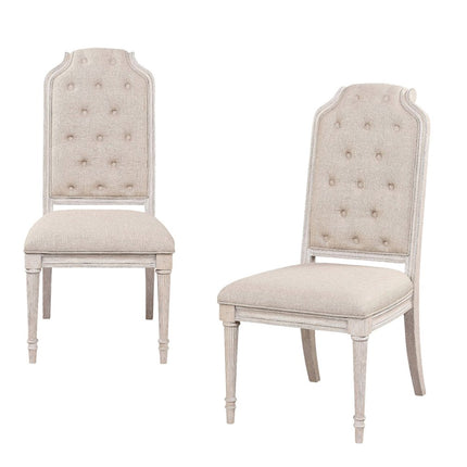Set of Two Antiqued White and Champagne Tufted Fabric Dining Side Chairs