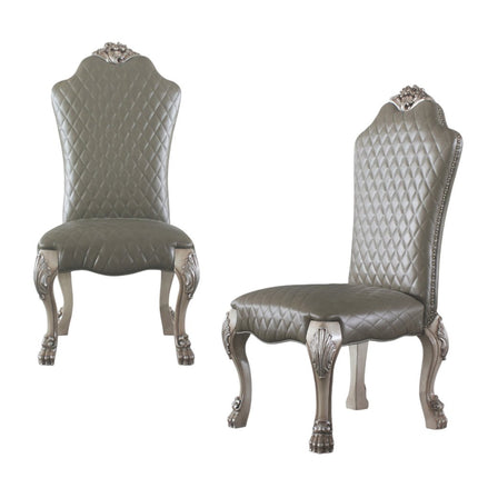 Set of Two Gray and Bone Tufted Faux Leather Dining Side Chairs