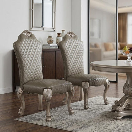 Set of Two Gray and Bone Tufted Faux Leather Dining Side Chairs