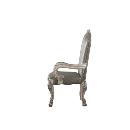 Set of Two Gray and Bone Tufted Faux Leather Dining Arm Chairs