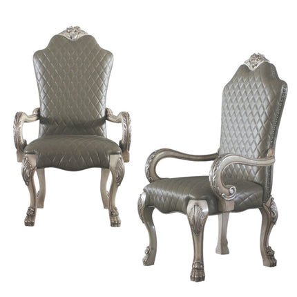 Set of Two Gray and Bone Tufted Faux Leather Dining Arm Chairs