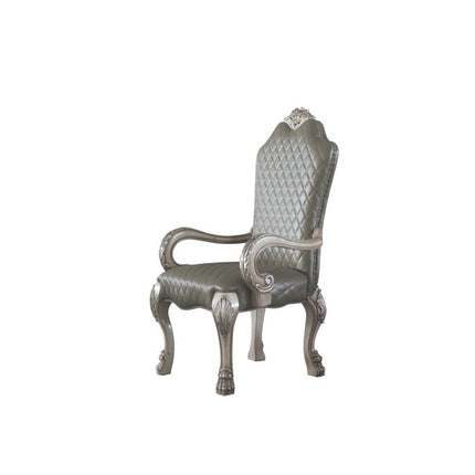 Set of Two Gray and Bone Tufted Faux Leather Dining Arm Chairs