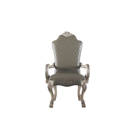 Set of Two Gray and Bone Tufted Faux Leather Dining Arm Chairs