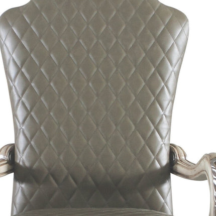Set of Two Gray and Bone Tufted Faux Leather Dining Arm Chairs
