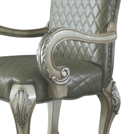Set of Two Gray and Bone Tufted Faux Leather Dining Arm Chairs
