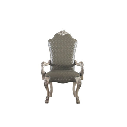 Set of Two Gray and Bone Tufted Faux Leather Dining Arm Chairs