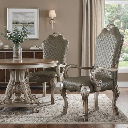 Set of Two Gray and Bone Tufted Faux Leather Dining Arm Chairs