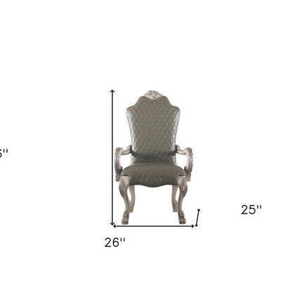 Set of Two Gray and Bone Tufted Faux Leather Dining Arm Chairs