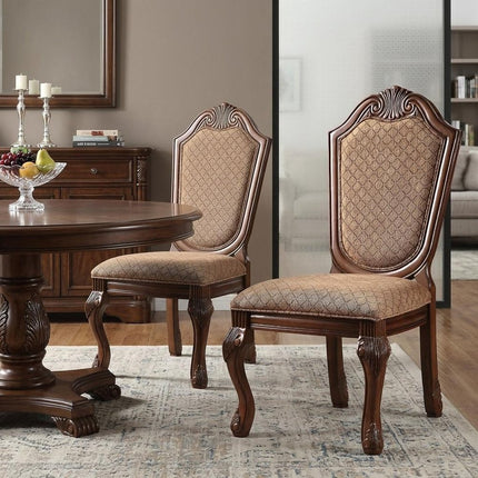 Set of Two Tan and Redwood Fabric Dining Side Chairs