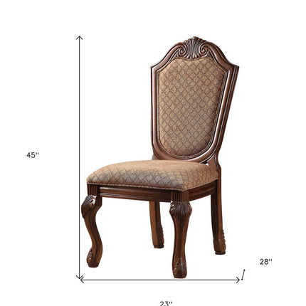 Set of Two Tan and Redwood Fabric Dining Side Chairs