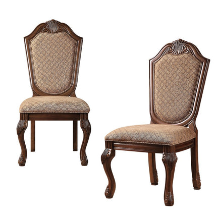 Set of Two Tan and Redwood Fabric Dining Side Chairs
