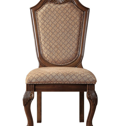 Set of Two Tan and Redwood Fabric Dining Side Chairs