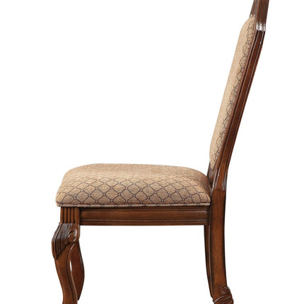 Set of Two Tan and Redwood Fabric Dining Side Chairs