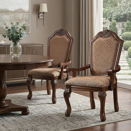Set of Two Tan and Redwood Fabric Dining Arm Chairs