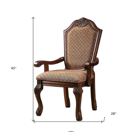 Set of Two Tan and Redwood Fabric Dining Arm Chairs
