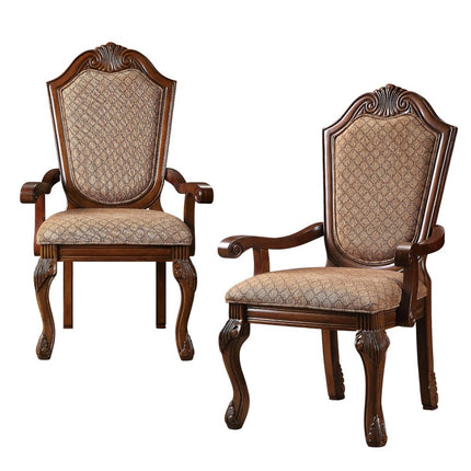 Set of Two Tan and Redwood Fabric Dining Arm Chairs