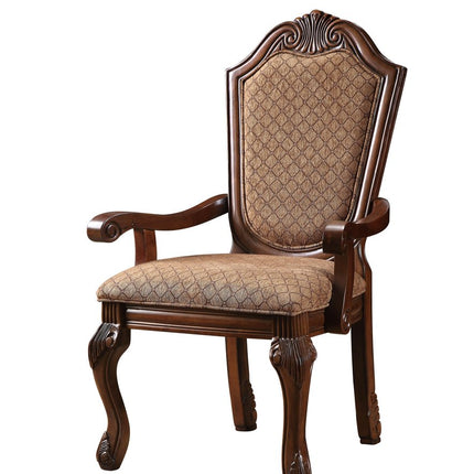 Set of Two Tan and Redwood Fabric Dining Arm Chairs