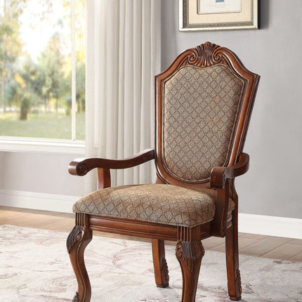 Set of Two Tan and Redwood Fabric Dining Arm Chairs