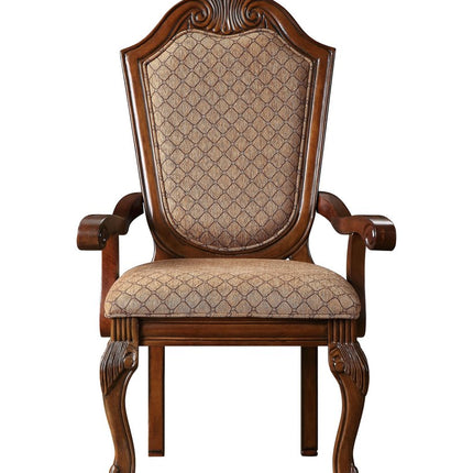 Set of Two Tan and Redwood Fabric Dining Arm Chairs
