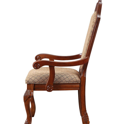 Set of Two Tan and Redwood Fabric Dining Arm Chairs