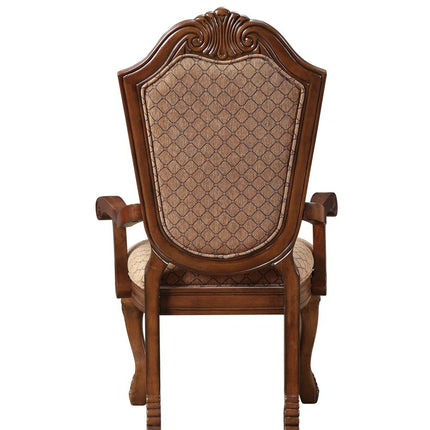 Set of Two Tan and Redwood Fabric Dining Arm Chairs