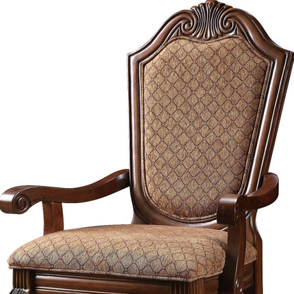 Set of Two Tan and Redwood Fabric Dining Arm Chairs